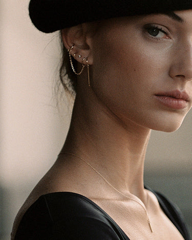 Modelo con Ear Cuff Charlotte Orbit-mini de Oro 18kt